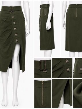 Self-Portrait Olive Green Belted Button Front Midi Skirt US 8